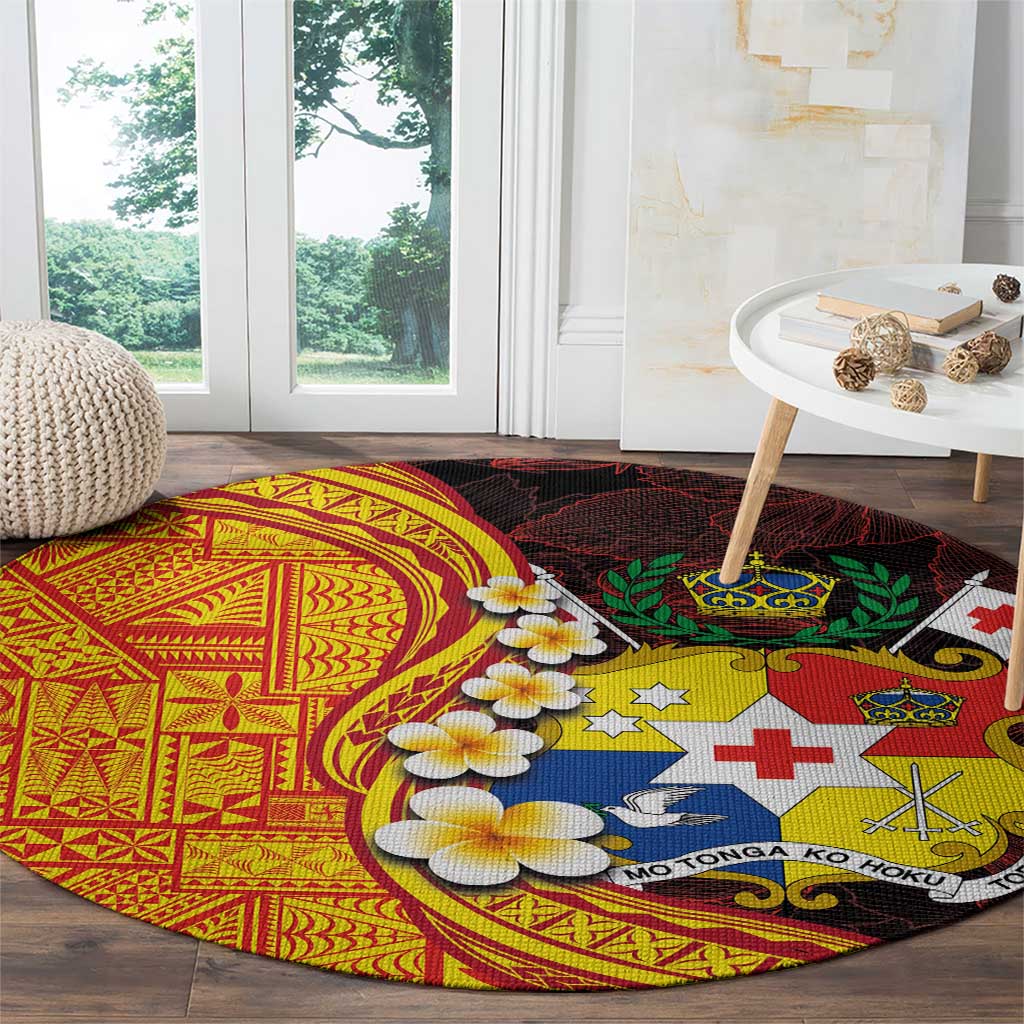 Tonga Culture Round Carpet Ngatu Pattern with Plumeria and Hibiscus