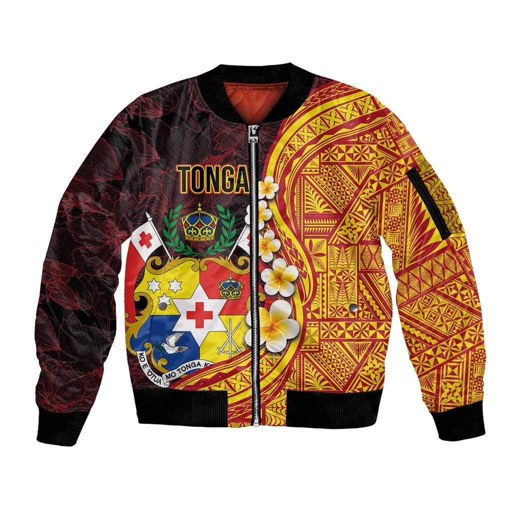 Tonga Culture Sleeve Zip Bomber Jacket Ngatu Pattern with Plumeria and Hibiscus