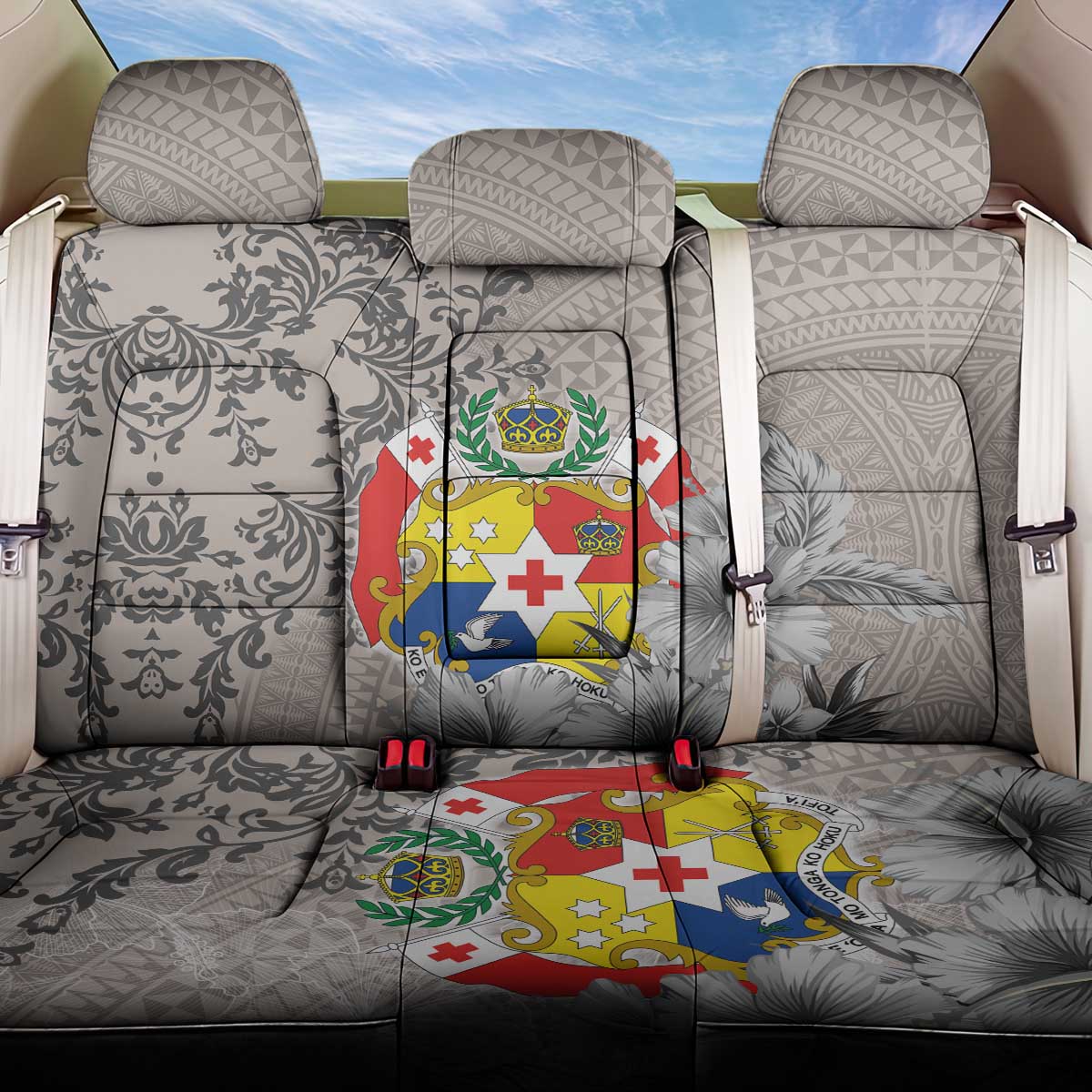 Tonga Culture Back Car Seat Cover Ngatu Pattern and Blooming Hibiscus