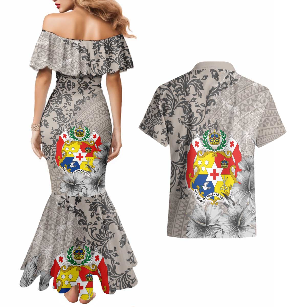Tonga Culture Couples Matching Mermaid Dress and Hawaiian Shirt Ngatu Pattern and Blooming Hibiscus