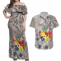 Tonga Culture Couples Matching Off Shoulder Maxi Dress and Hawaiian Shirt Ngatu Pattern and Blooming Hibiscus LT03 Light Gray - Polynesian Pride