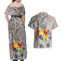 Tonga Culture Couples Matching Off Shoulder Maxi Dress and Hawaiian Shirt Ngatu Pattern and Blooming Hibiscus LT03 - Polynesian Pride
