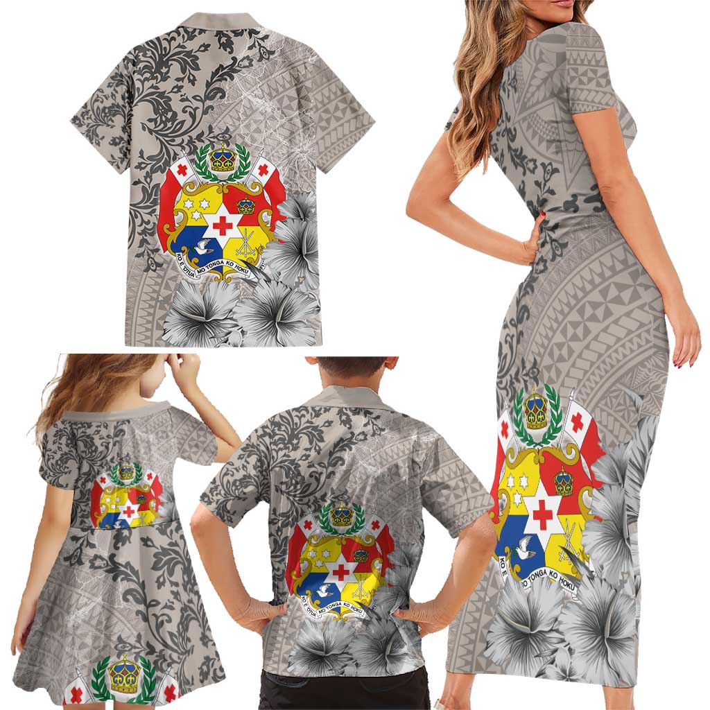 Tonga Culture Family Matching Short Sleeve Bodycon Dress and Hawaiian Shirt Ngatu Pattern and Blooming Hibiscus