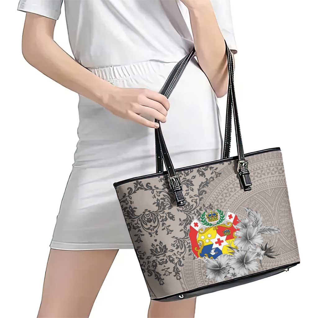 Tonga Culture Leather Tote Bag Ngatu Pattern and Blooming Hibiscus