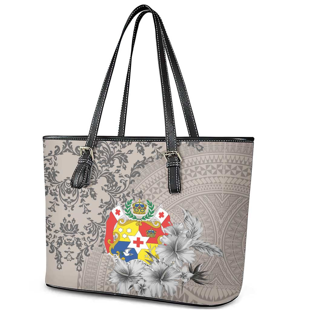 Tonga Culture Leather Tote Bag Ngatu Pattern and Blooming Hibiscus