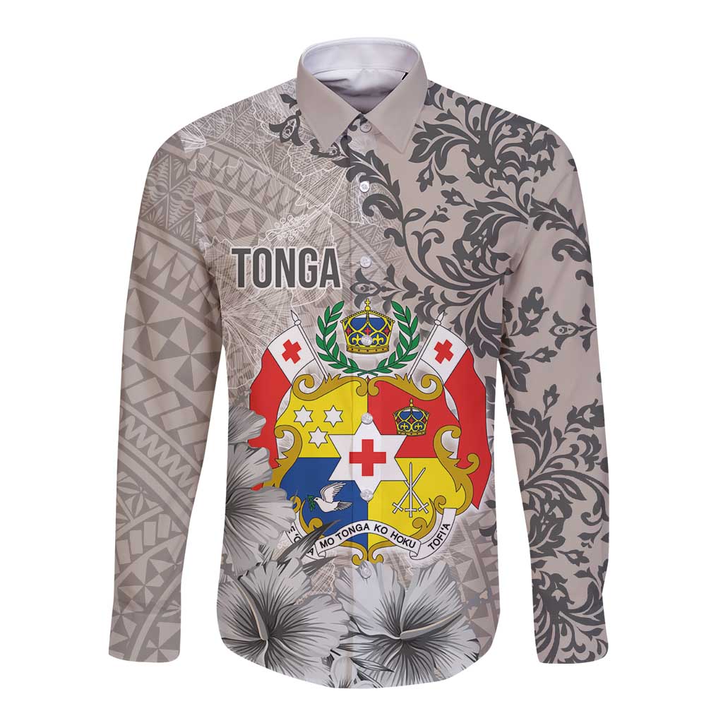 Tonga Culture Long Sleeve Button Shirt Ngatu Pattern and Blooming Hibiscus LT03 Unisex Light Gray - Polynesian Pride