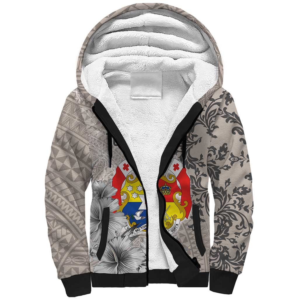 Tonga Culture Sherpa Hoodie Ngatu Pattern and Blooming Hibiscus