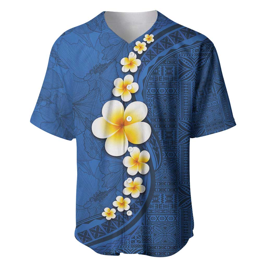 Polynesian Hibiscus and Plumeria with Tapa Pattern Baseball Jersey Blue Color