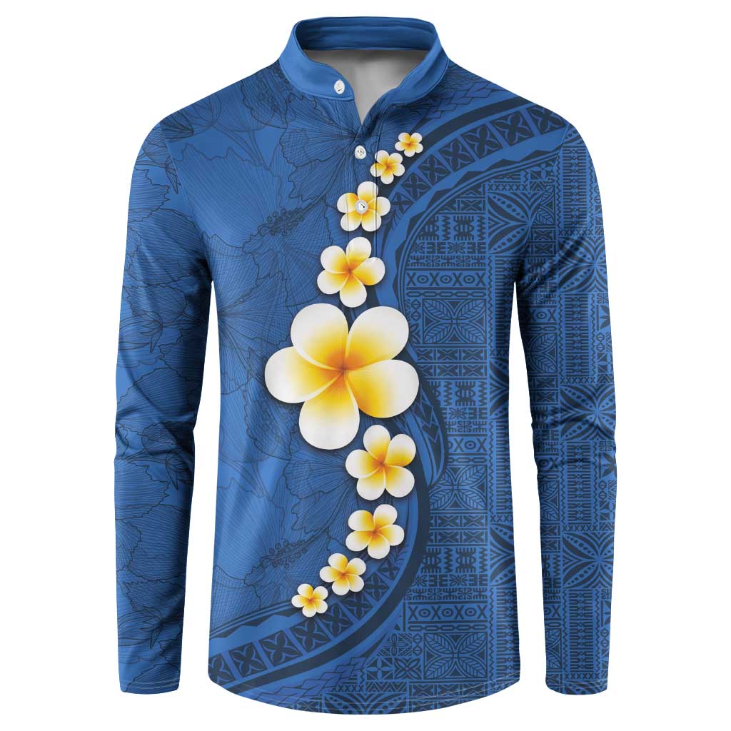 Polynesian Hibiscus and Plumeria with Tapa Pattern Button Sweatshirt Blue Color