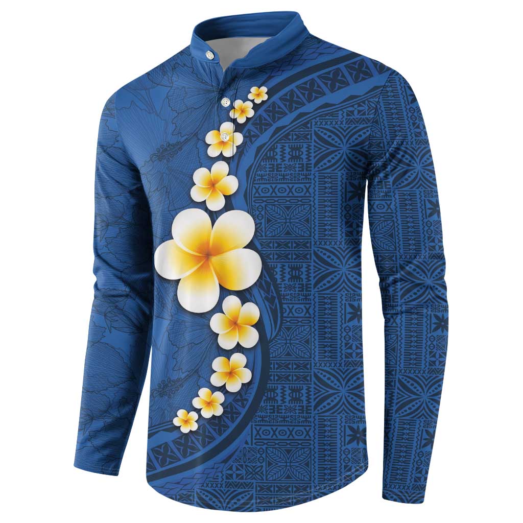 Polynesian Hibiscus and Plumeria with Tapa Pattern Button Sweatshirt Blue Color