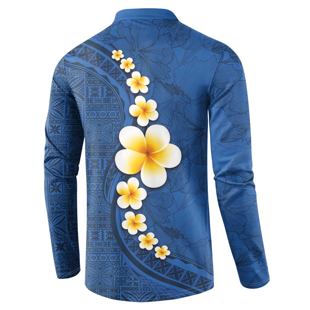 Polynesian Hibiscus and Plumeria with Tapa Pattern Button Sweatshirt Blue Color