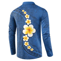 Polynesian Hibiscus and Plumeria with Tapa Pattern Button Sweatshirt Blue Color