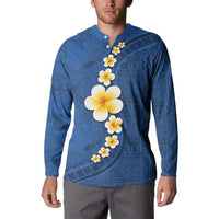 Polynesian Hibiscus and Plumeria with Tapa Pattern Button Sweatshirt Blue Color