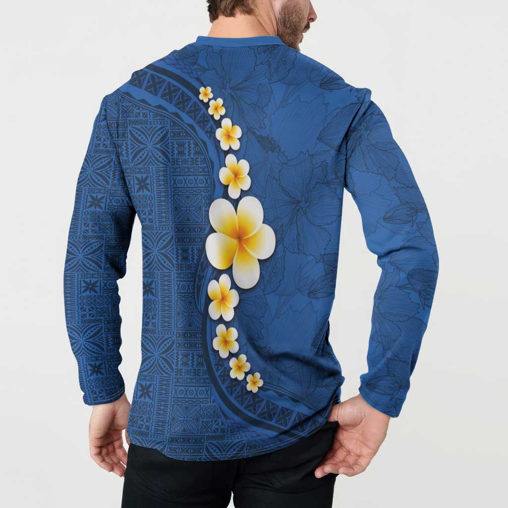 Polynesian Hibiscus and Plumeria with Tapa Pattern Button Sweatshirt Blue Color