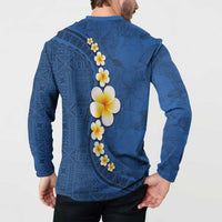 Polynesian Hibiscus and Plumeria with Tapa Pattern Button Sweatshirt Blue Color