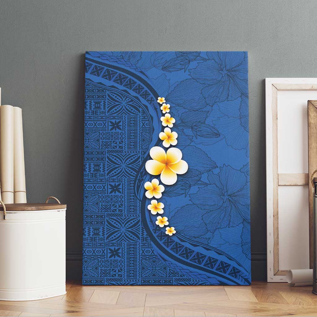 Polynesian Hibiscus and Plumeria with Tapa Pattern Canvas Wall Art Blue Color