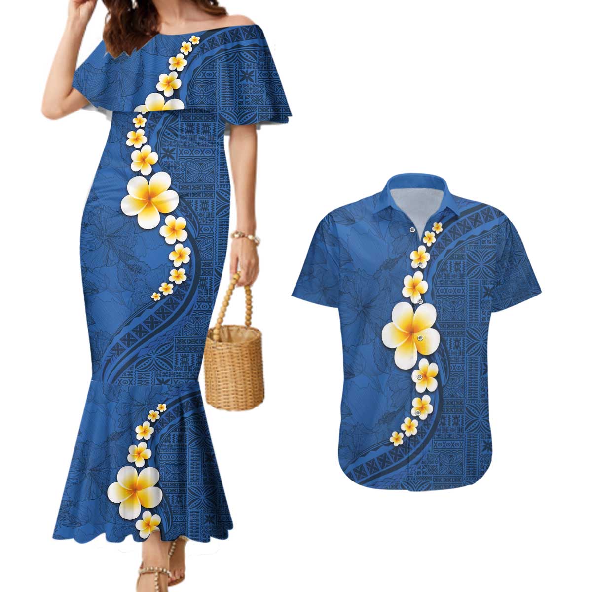 Polynesian Hibiscus and Plumeria with Tapa Pattern Couples Matching Mermaid Dress and Hawaiian Shirt Blue Color