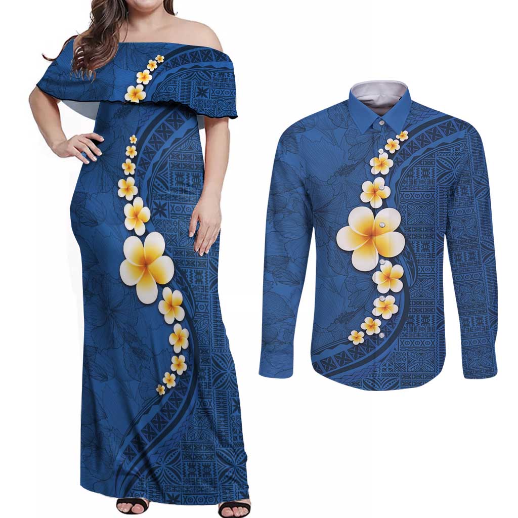 Polynesian Hibiscus and Plumeria with Tapa Pattern Couples Matching Off Shoulder Maxi Dress and Long Sleeve Button Shirt Blue Color LT03 Blue - Polynesian Pride