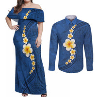 Polynesian Hibiscus and Plumeria with Tapa Pattern Couples Matching Off Shoulder Maxi Dress and Long Sleeve Button Shirt Blue Color LT03 Blue - Polynesian Pride
