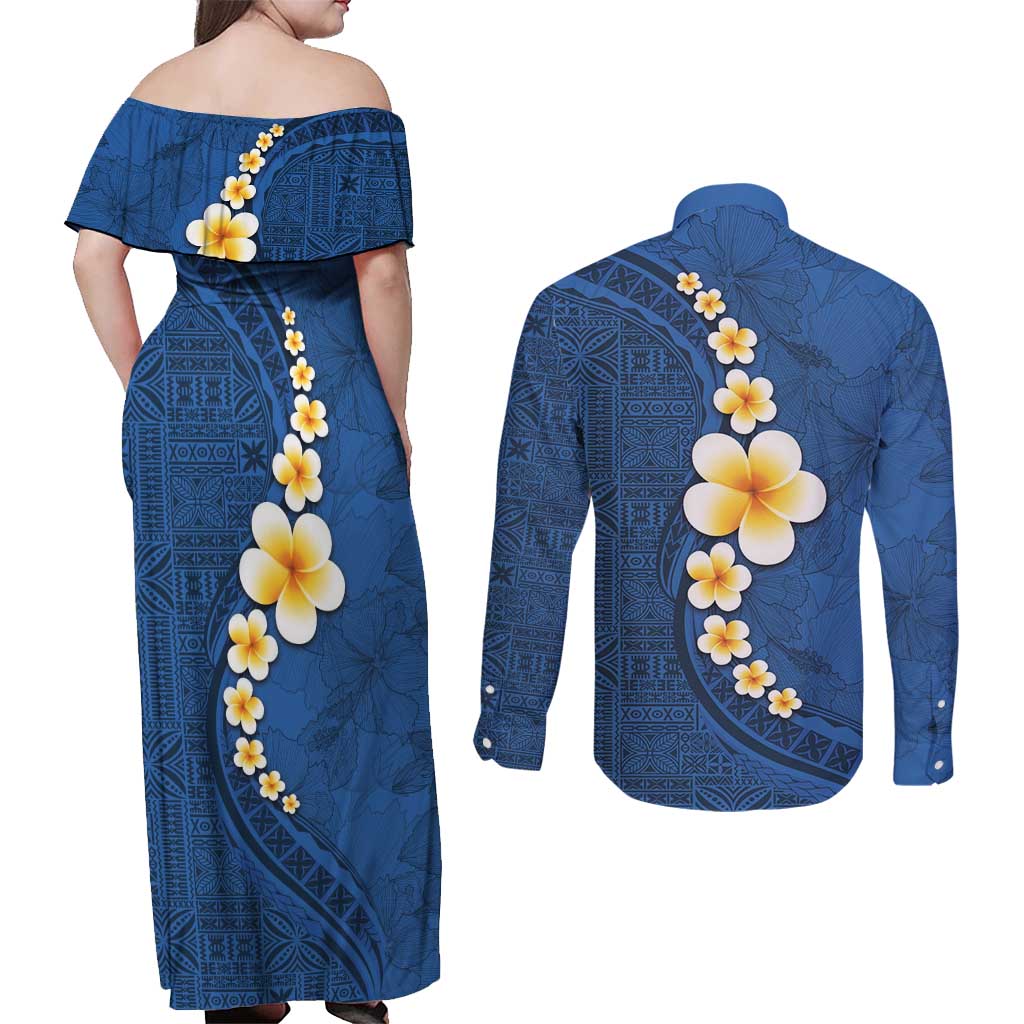 Polynesian Hibiscus and Plumeria with Tapa Pattern Couples Matching Off Shoulder Maxi Dress and Long Sleeve Button Shirt Blue Color LT03 - Polynesian Pride