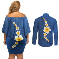 Polynesian Hibiscus and Plumeria with Tapa Pattern Couples Matching Off Shoulder Short Dress and Long Sleeve Button Shirt Blue Color LT03 - Polynesian Pride