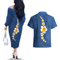Polynesian Hibiscus and Plumeria with Tapa Pattern Couples Matching Off The Shoulder Long Sleeve Dress and Hawaiian Shirt Blue Color
