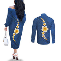 Polynesian Hibiscus and Plumeria with Tapa Pattern Couples Matching Off The Shoulder Long Sleeve Dress and Long Sleeve Button Shirt Blue Color LT03 - Polynesian Pride