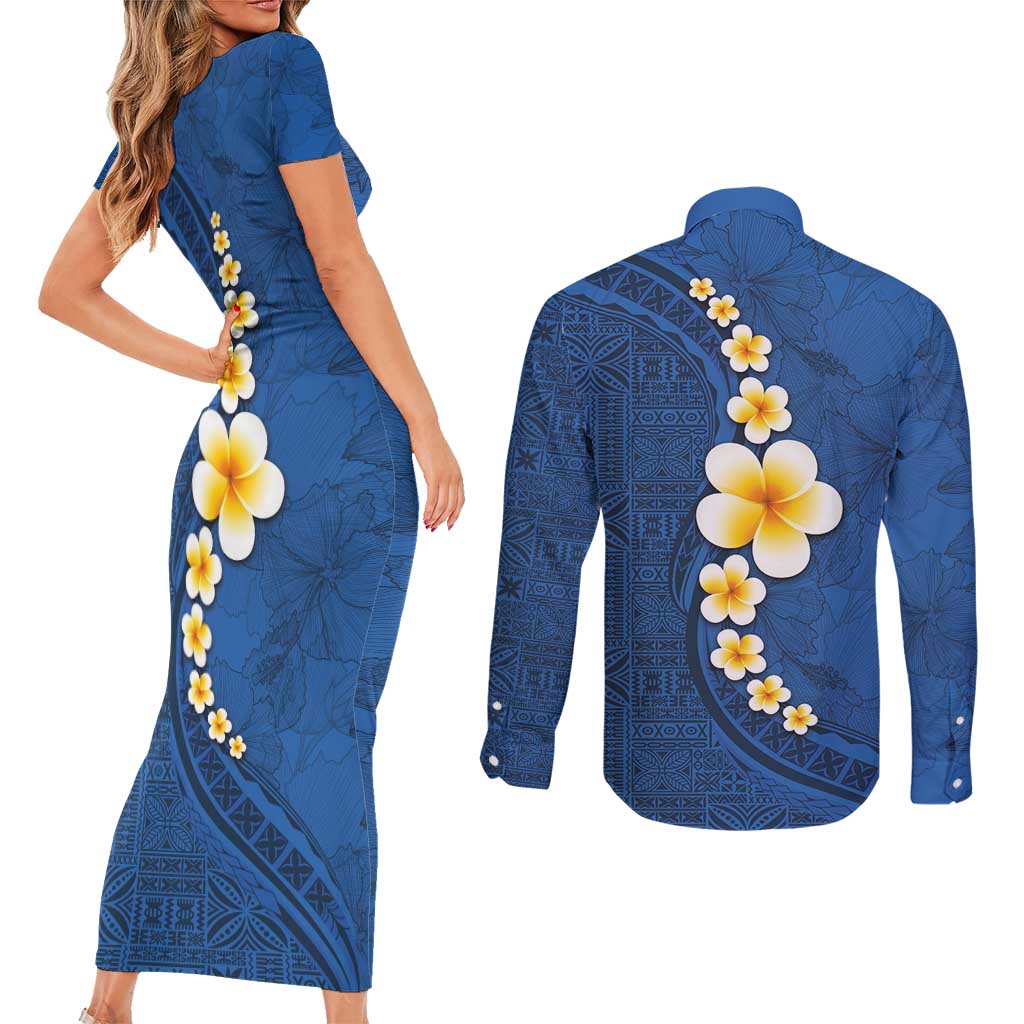 Polynesian Hibiscus and Plumeria with Tapa Pattern Couples Matching Short Sleeve Bodycon Dress and Long Sleeve Button Shirt Blue Color LT03 - Polynesian Pride