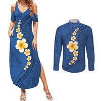 Polynesian Hibiscus and Plumeria with Tapa Pattern Couples Matching Summer Maxi Dress and Long Sleeve Button Shirt Blue Color LT03 Blue - Polynesian Pride