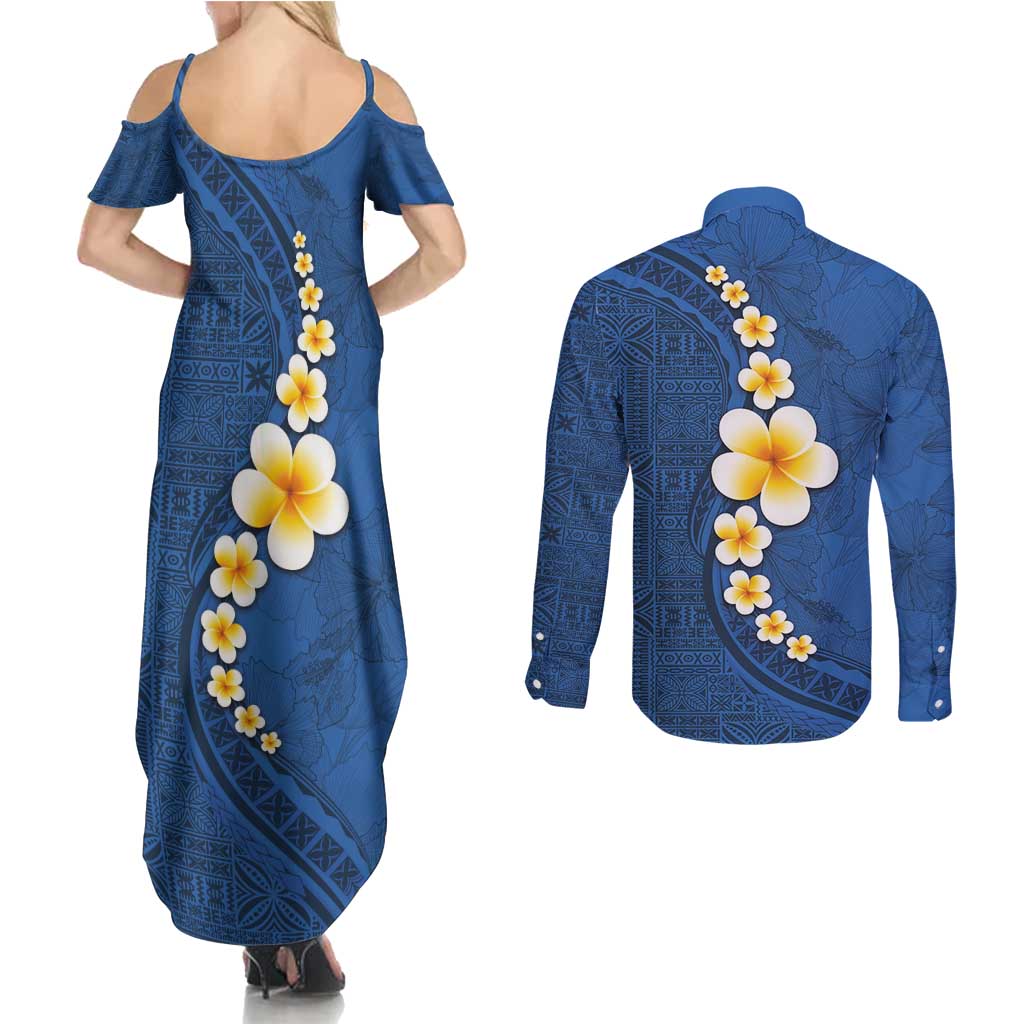 Polynesian Hibiscus and Plumeria with Tapa Pattern Couples Matching Summer Maxi Dress and Long Sleeve Button Shirt Blue Color LT03 - Polynesian Pride