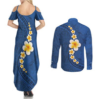 Polynesian Hibiscus and Plumeria with Tapa Pattern Couples Matching Summer Maxi Dress and Long Sleeve Button Shirt Blue Color LT03 - Polynesian Pride