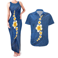 Polynesian Hibiscus and Plumeria with Tapa Pattern Couples Matching Tank Maxi Dress and Hawaiian Shirt Blue Color LT03 Blue - Polynesian Pride