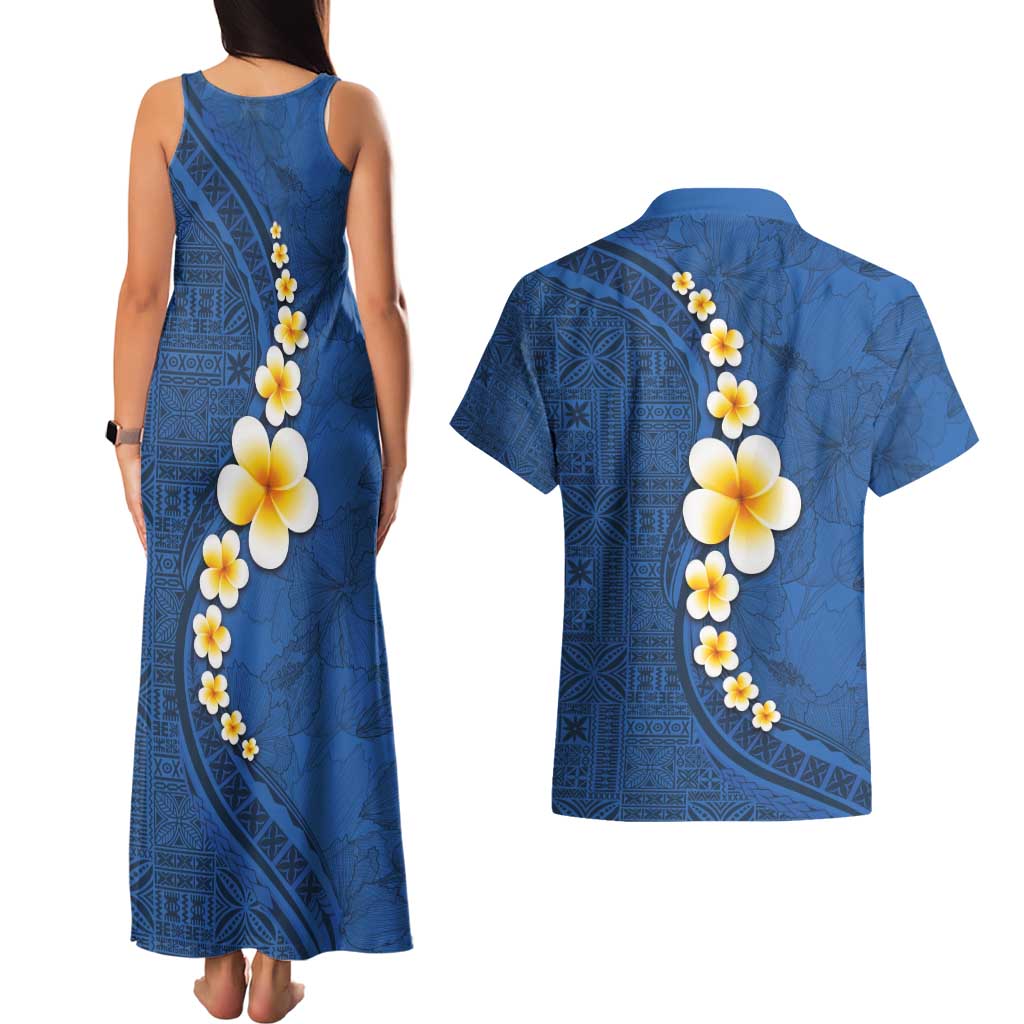 Polynesian Hibiscus and Plumeria with Tapa Pattern Couples Matching Tank Maxi Dress and Hawaiian Shirt Blue Color LT03 - Polynesian Pride