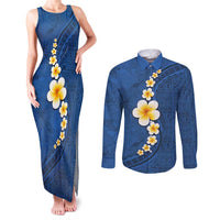 Polynesian Hibiscus and Plumeria with Tapa Pattern Couples Matching Tank Maxi Dress and Long Sleeve Button Shirt Blue Color LT03 Blue - Polynesian Pride