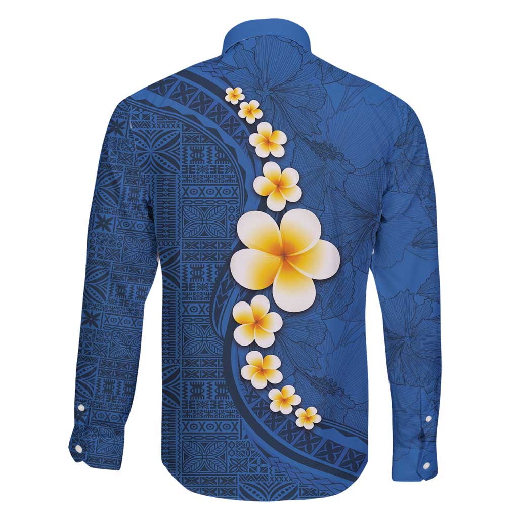 Polynesian Hibiscus and Plumeria with Tapa Pattern Family Matching Long Sleeve Bodycon Dress and Hawaiian Shirt Blue Color