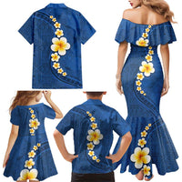 Polynesian Hibiscus and Plumeria with Tapa Pattern Family Matching Mermaid Dress and Hawaiian Shirt Blue Color LT03 - Polynesian Pride