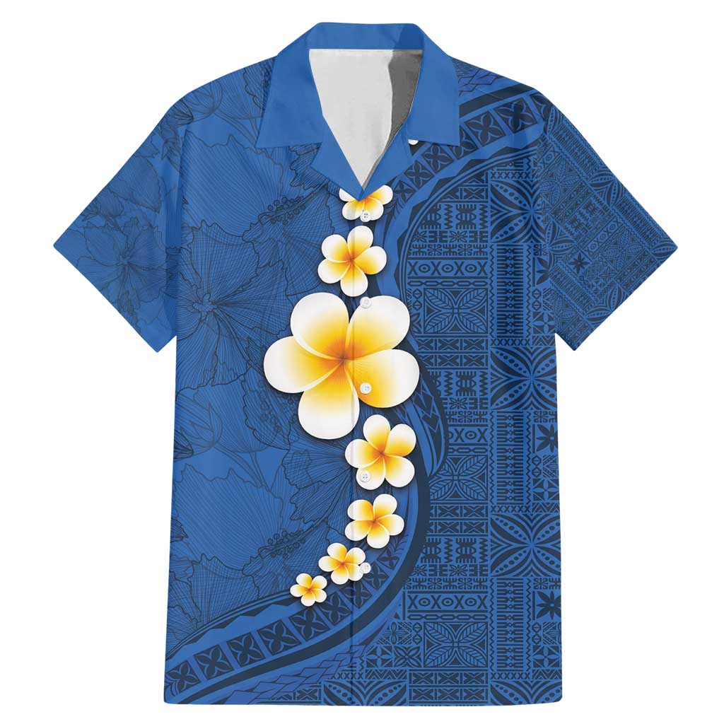Polynesian Hibiscus and Plumeria with Tapa Pattern Family Matching Mermaid Dress and Hawaiian Shirt Blue Color LT03 Dad's Shirt - Short Sleeve Blue - Polynesian Pride