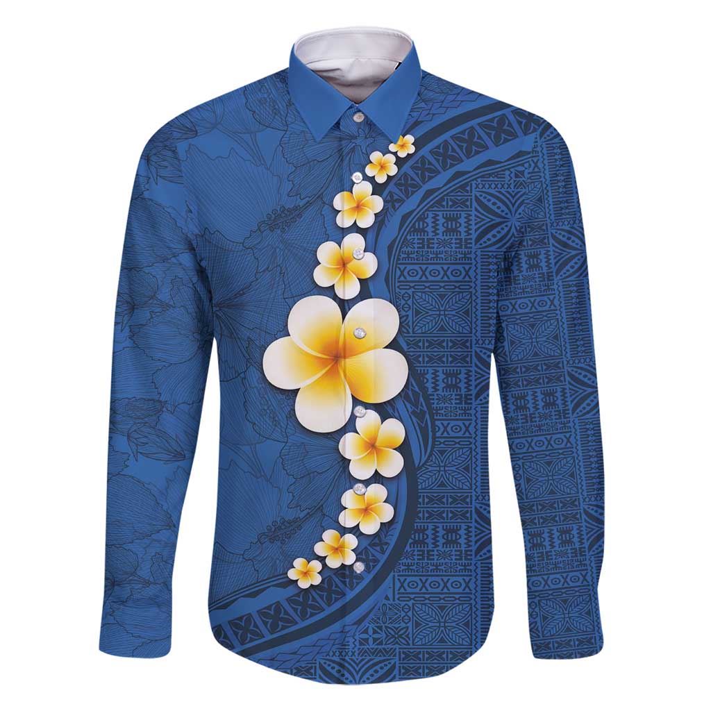 Polynesian Hibiscus and Plumeria with Tapa Pattern Family Matching Mermaid Dress and Hawaiian Shirt Blue Color LT03 Dad's Shirt - Long Sleeve Blue - Polynesian Pride