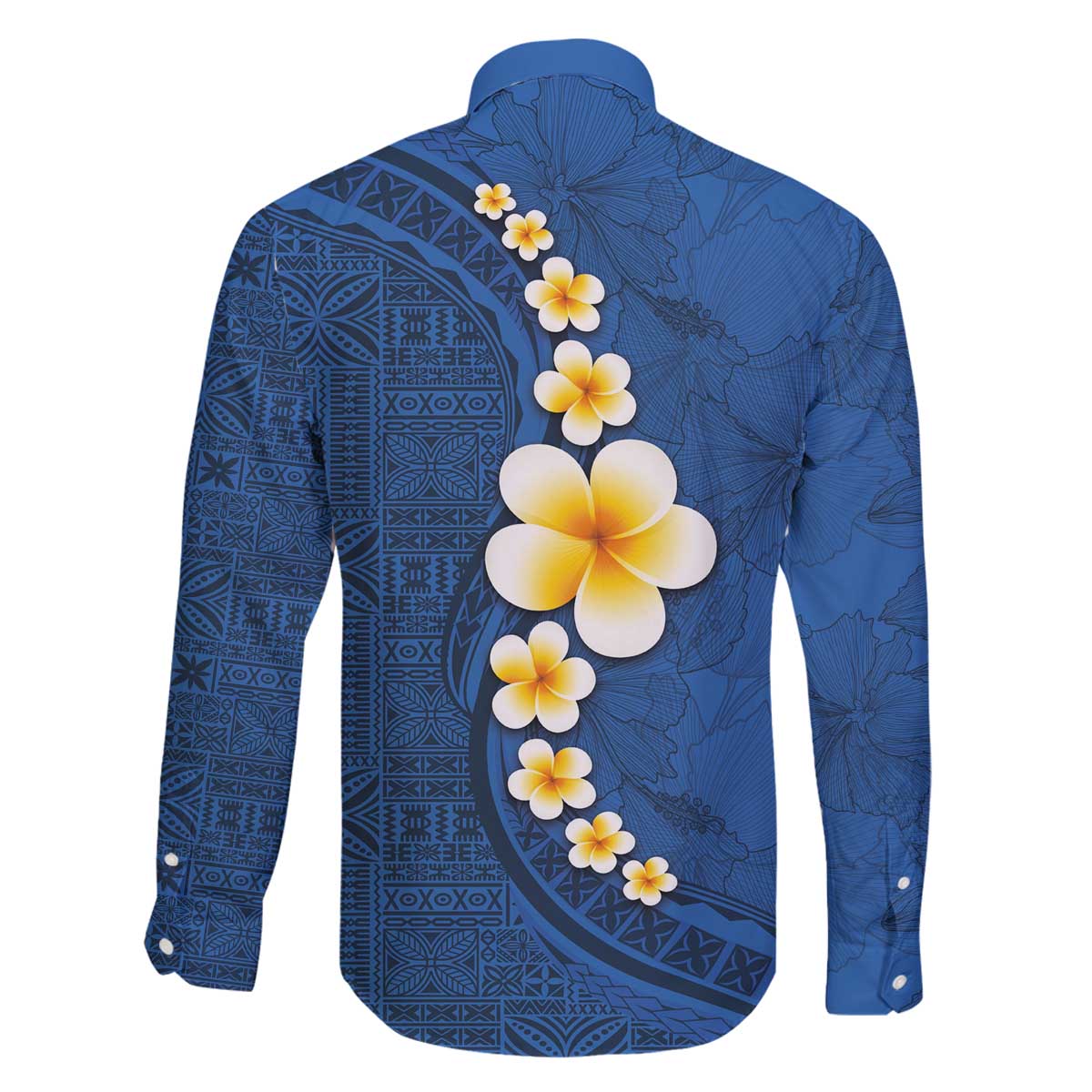 Polynesian Hibiscus and Plumeria with Tapa Pattern Family Matching Off The Shoulder Long Sleeve Dress and Hawaiian Shirt Blue Color