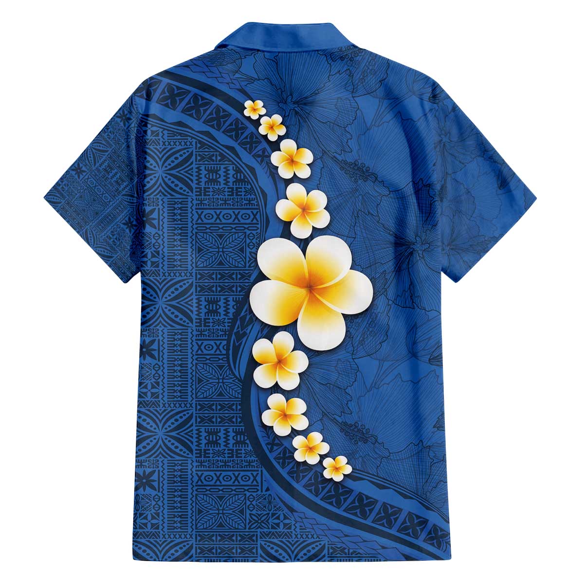 Polynesian Hibiscus and Plumeria with Tapa Pattern Family Matching Off Shoulder Short Dress and Hawaiian Shirt Blue Color