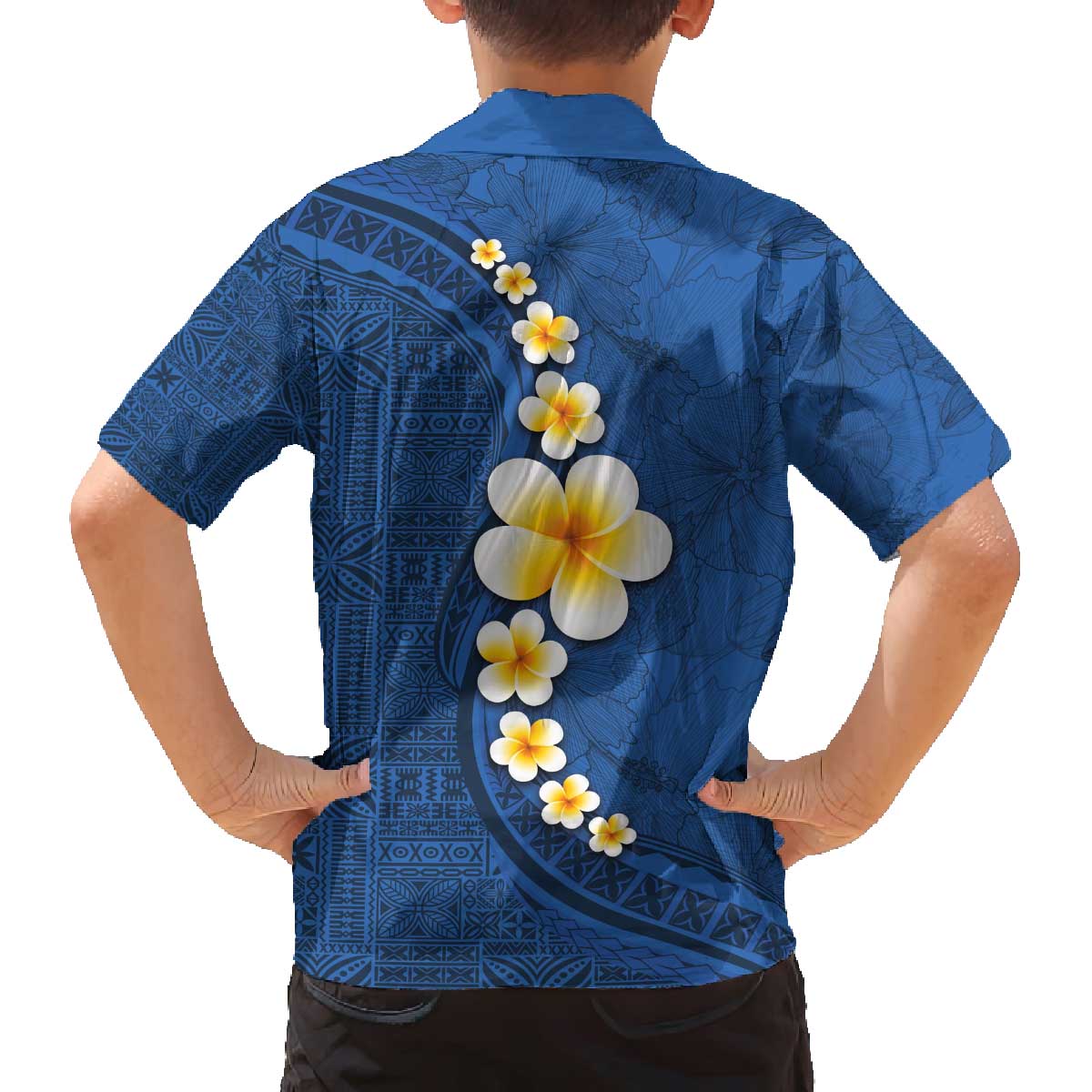 Polynesian Hibiscus and Plumeria with Tapa Pattern Family Matching Puletasi and Hawaiian Shirt Blue Color LT03 - Polynesian Pride