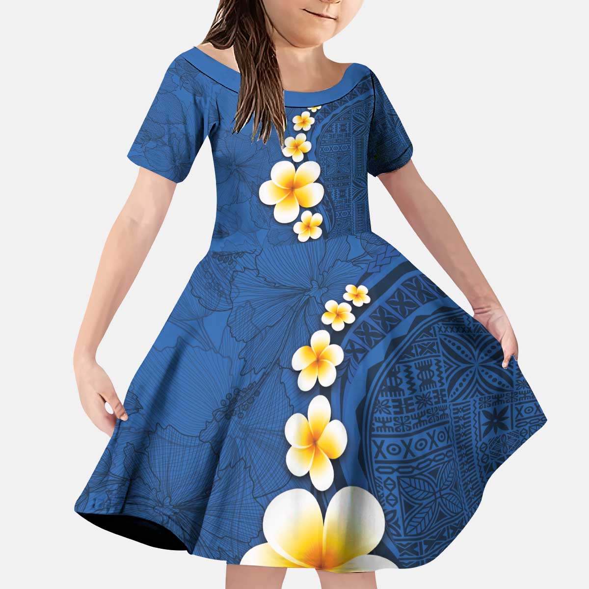 Polynesian Hibiscus and Plumeria with Tapa Pattern Family Matching Puletasi and Hawaiian Shirt Blue Color LT03 Daughter's Dress Blue - Polynesian Pride