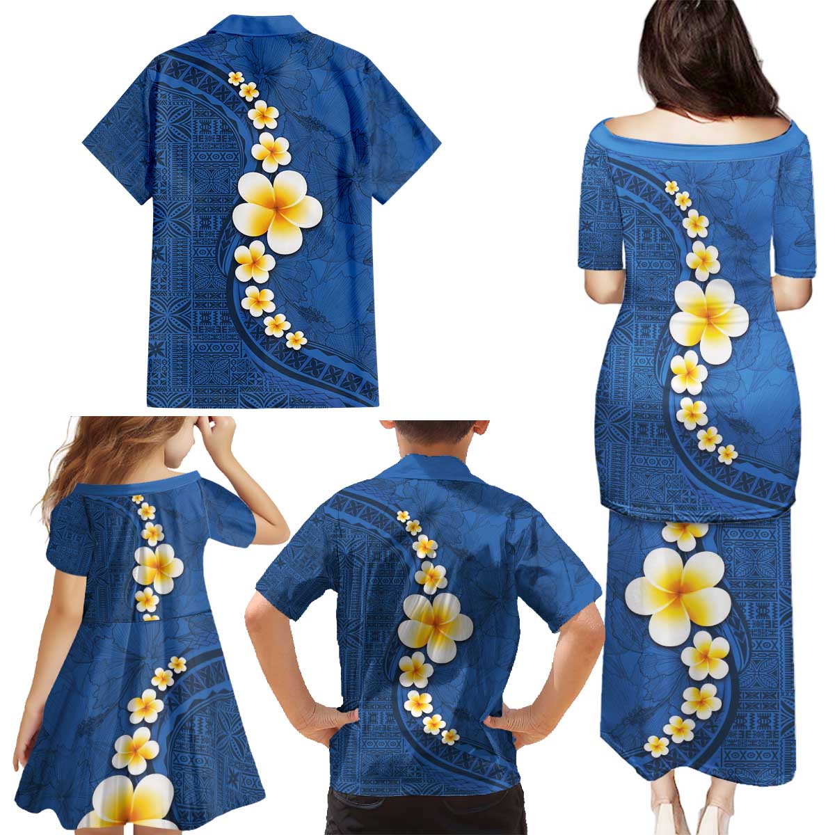 Polynesian Hibiscus and Plumeria with Tapa Pattern Family Matching Puletasi and Hawaiian Shirt Blue Color LT03 - Polynesian Pride