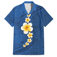 Polynesian Hibiscus and Plumeria with Tapa Pattern Family Matching Puletasi and Hawaiian Shirt Blue Color LT03 Dad's Shirt - Short Sleeve Blue - Polynesian Pride