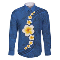 Polynesian Hibiscus and Plumeria with Tapa Pattern Family Matching Puletasi and Hawaiian Shirt Blue Color LT03 Dad's Shirt - Long Sleeve Blue - Polynesian Pride