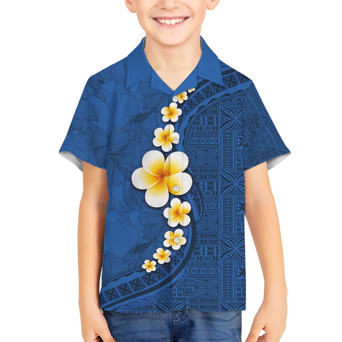 Polynesian Hibiscus and Plumeria with Tapa Pattern Family Matching Puletasi and Hawaiian Shirt Blue Color LT03 Son's Shirt Blue - Polynesian Pride