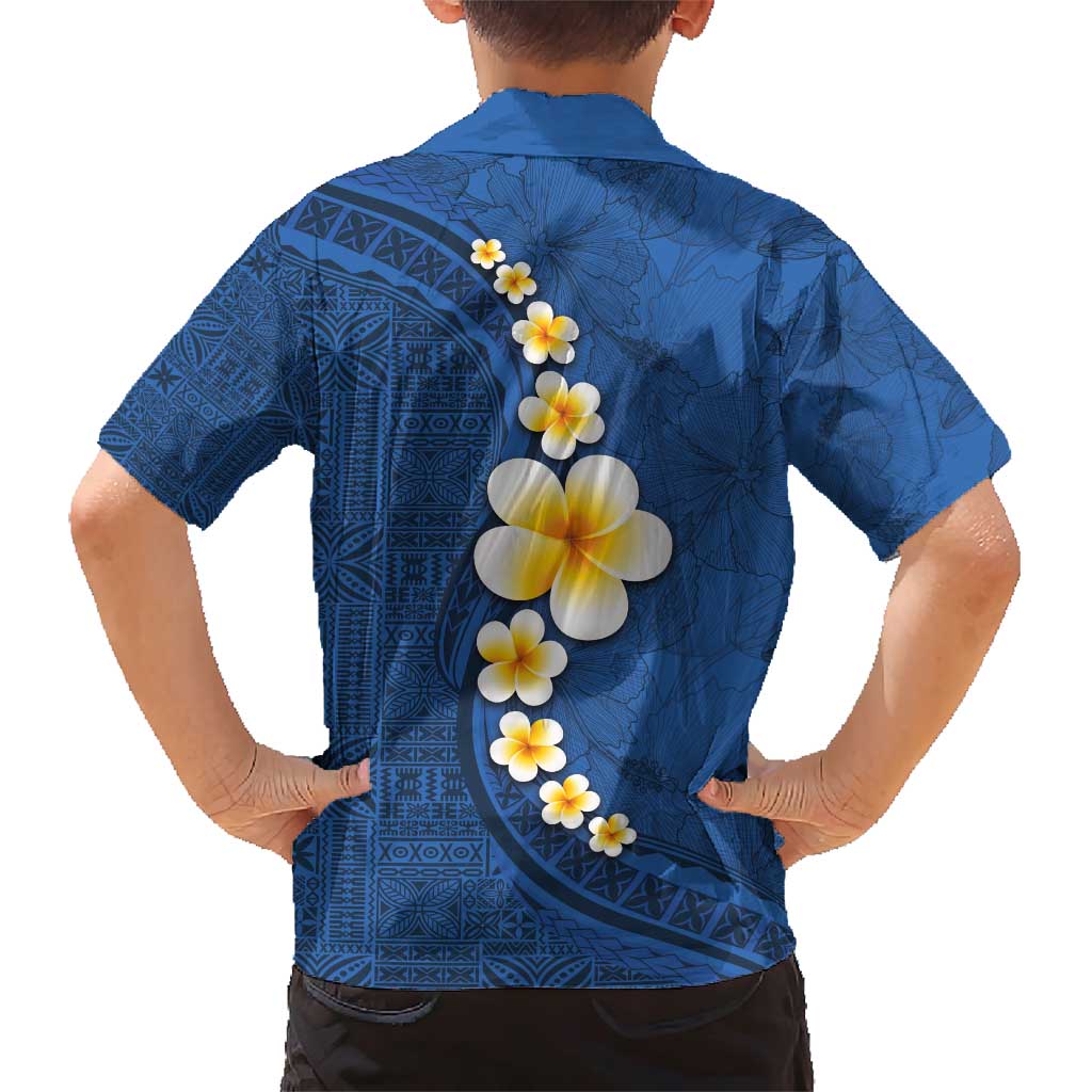 Polynesian Hibiscus and Plumeria with Tapa Pattern Family Matching Short Sleeve Bodycon Dress and Hawaiian Shirt Blue Color