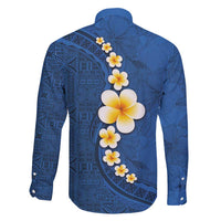 Polynesian Hibiscus and Plumeria with Tapa Pattern Family Matching Short Sleeve Bodycon Dress and Hawaiian Shirt Blue Color