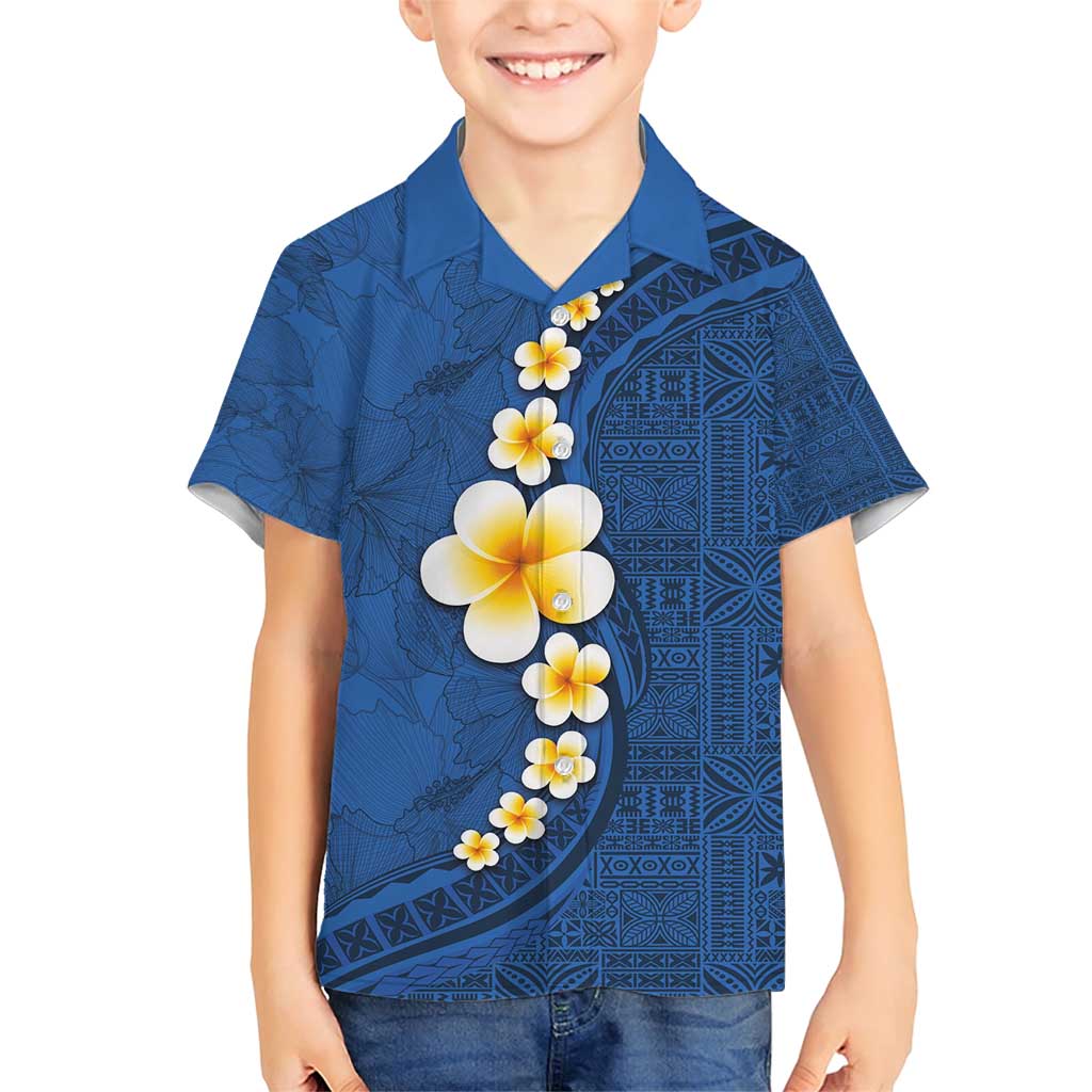 Polynesian Hibiscus and Plumeria with Tapa Pattern Family Matching Short Sleeve Bodycon Dress and Hawaiian Shirt Blue Color