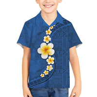 Polynesian Hibiscus and Plumeria with Tapa Pattern Family Matching Short Sleeve Bodycon Dress and Hawaiian Shirt Blue Color